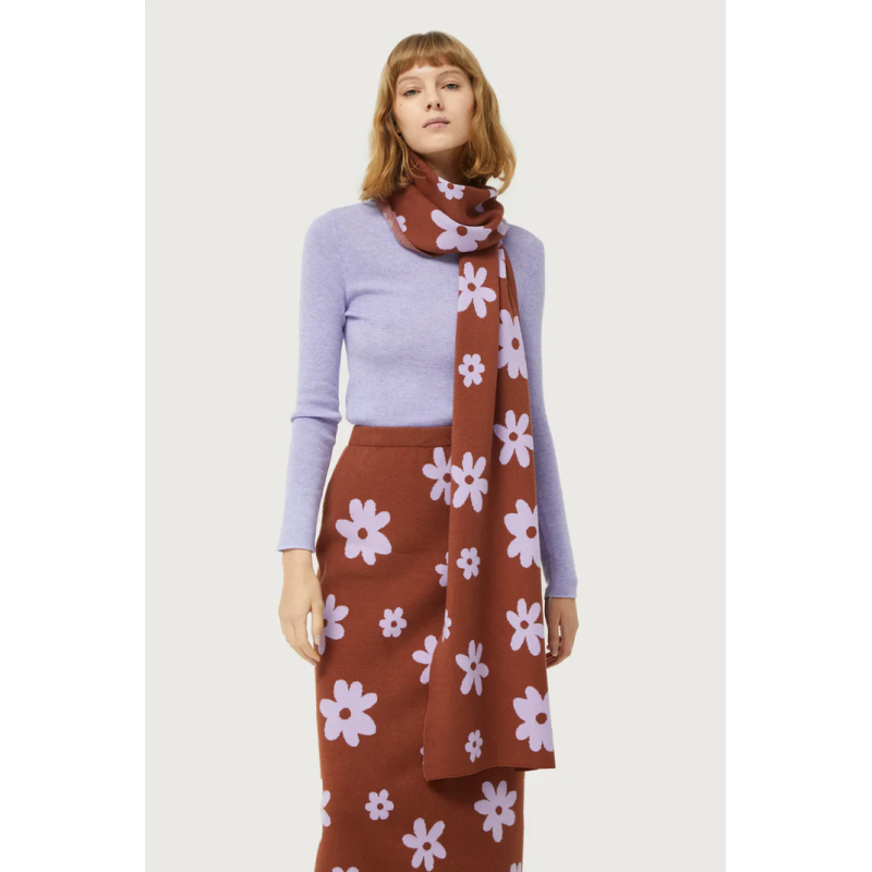 Bufanda de punto jacquard estampado flores marrón