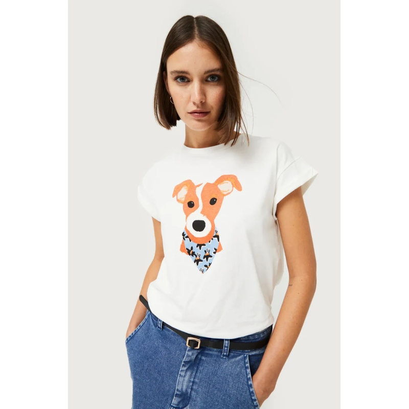 Camiseta con print de perro estampado floral Calatea azul