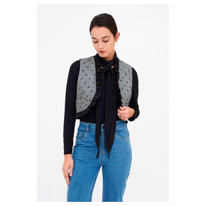 Chaleco tweed estampado corazones negro